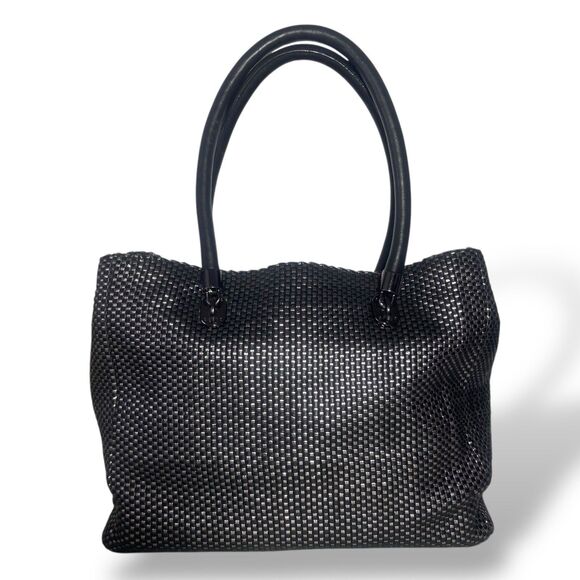 Cole Haan Genuine Leather Woven Black Silver Bag Tote Double Handle 13 x 11 x 6" - Picture 1 of 13